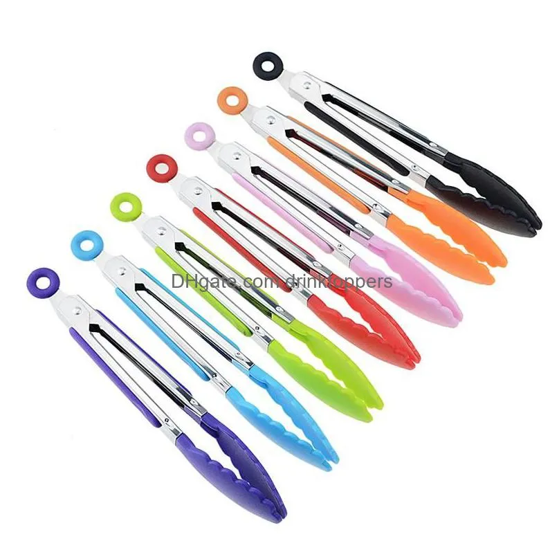 8inch silicone food tong stainless steel kitchen tongs silicone non-slip cooking clip clamp bbq salad tools grill kitchen accessories