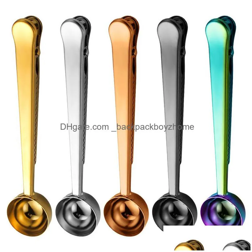 stainless steel coffee scoops measuring spoon with sealing clip kitchen baking scale milk powder round spoon