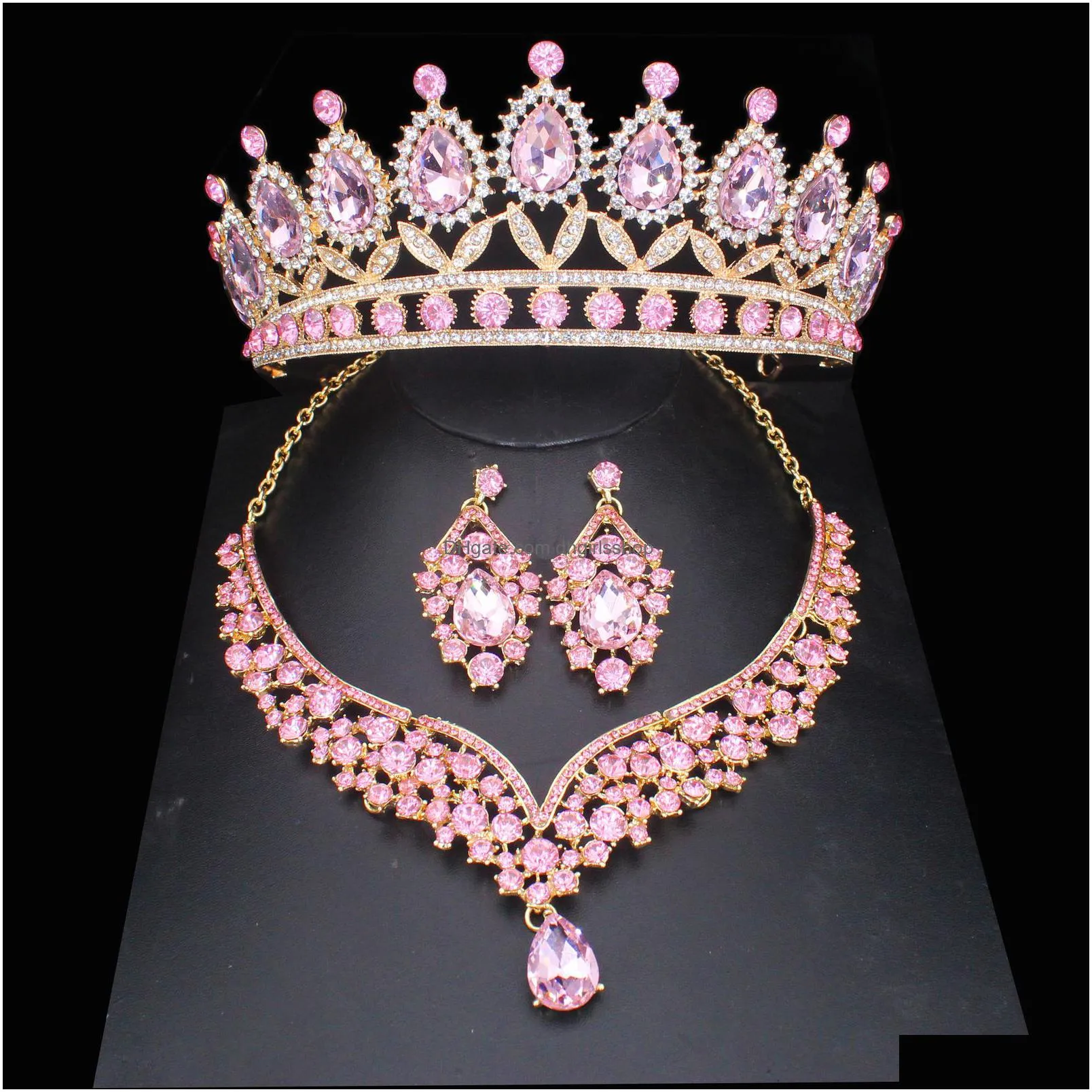 wedding jewelry sets pink crystal bridal for women girl princess tiaracrown earring necklace pageant prom accessories 230131