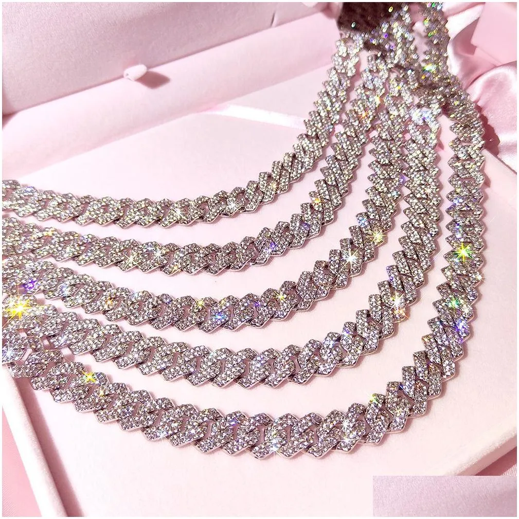 15mm Micro Pave Prong Cuban Chain Necklaces Fashion Hiphop Full Iced Out Rhinestones Jewelry For Men Women