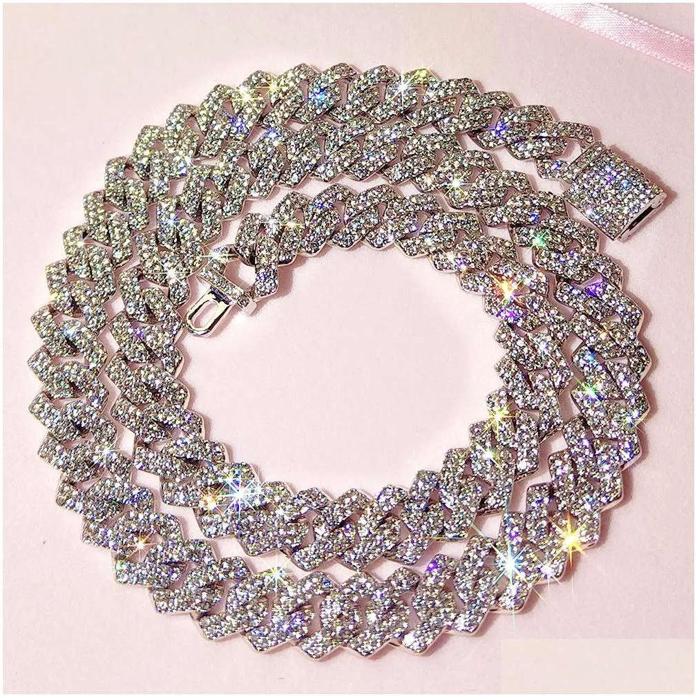 15mm Micro Pave Prong Cuban Chain Necklaces Fashion Hiphop Full Iced Out Rhinestones Jewelry For Men Women