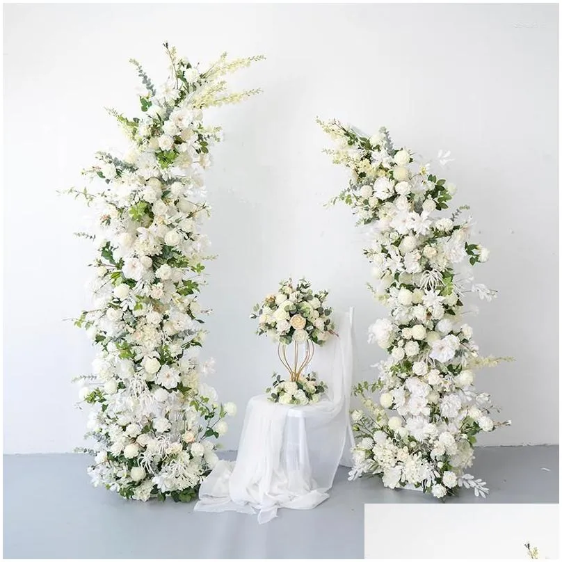 decorative flowers high moon shape white artificial flower arch wedding decor backdrop arrange party event opening stage table runner