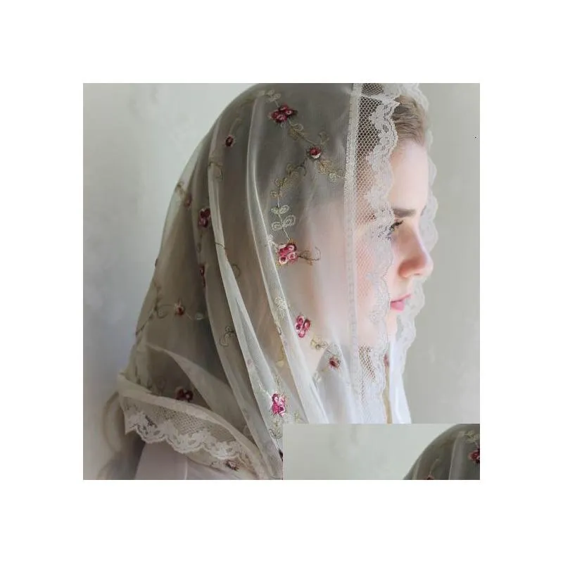 bandanas durag flower lace triangle veils scarf shawl women headwraps bandana fashion mantilla church prayer shawl kerchief catholic headscarf