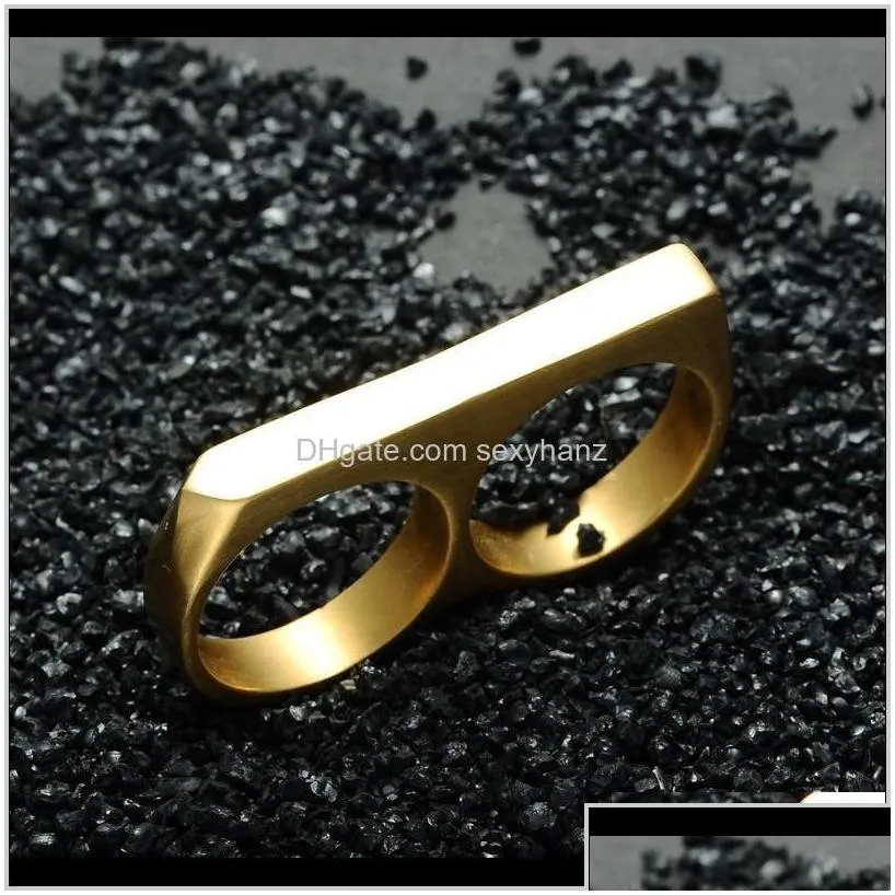 band rings drop delivery 2021 personality simple punk stainless steel gold plating two finger hip hop jewelry double fingers ring for men