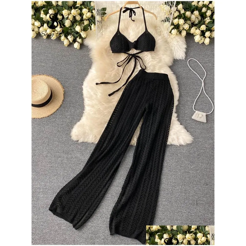 Women Summer Pants Design Knitted Set Sexy Backless Halter Short Tops Chic Hollow Knitted Wide Leg LongTwo Piece Suit