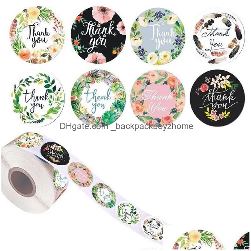 wholesale 500pcs/roll round floral thank you stickers for wedding favors and party handmade adhesive stickers envelope seal stationery