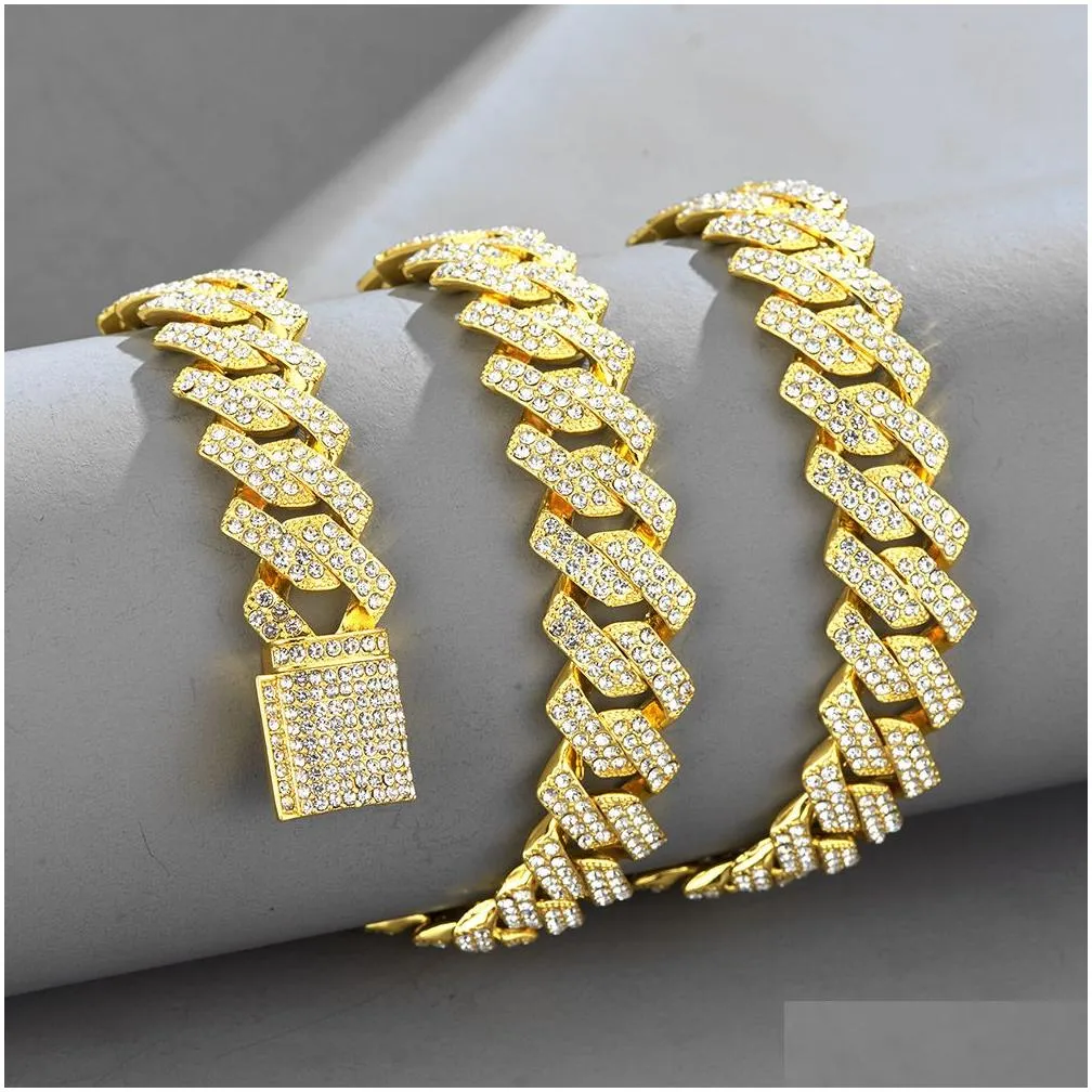 15mm Micro Pave Prong Cuban Chain Necklaces Fashion Hiphop Full Iced Out Rhinestones Jewelry For Men Women