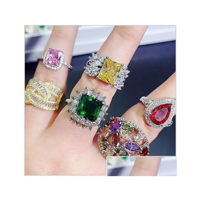 Light Luxury Crystal Zircon Stone Rings Real Gold Plate Colorful Zirconia Finger Heavy Industry Micro Pave S925 Silver Gemstone