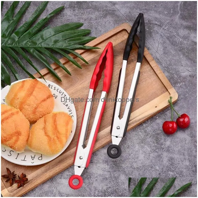 8inch silicone food tong stainless steel kitchen tongs silicone non-slip cooking clip clamp bbq salad tools grill kitchen accessories