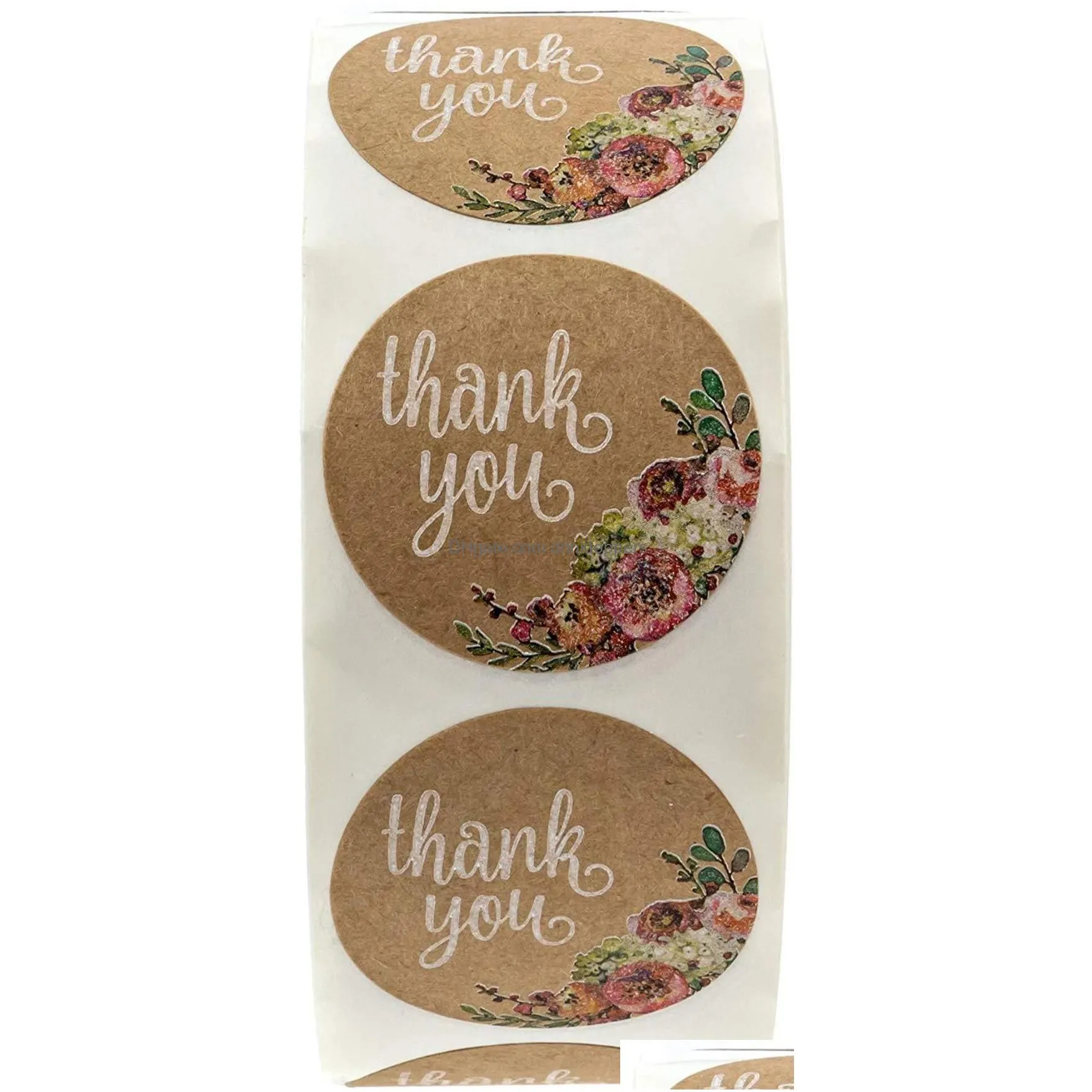 wholesale 500pcs/roll thank you stickers for seal labes 1inch handmade sticker brown kraft floral scrapbooking cute stationery sticker