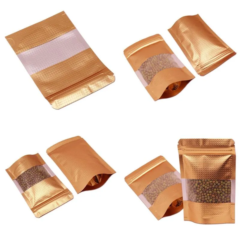 wholesale 300Pcs/Lot Stand Up Gold Aluminum Foil Embossed Zipper Lock Bag for Zip Poly Packaging Lock Heat Seal Doypack Mylar Packing Bags with
