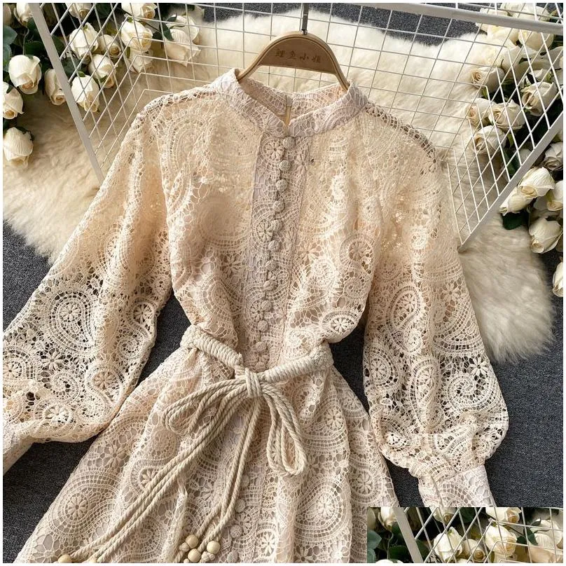 Runway Designer Vintage Mini Dress Hollow Out Embroidery Stand Collar Lantern Sleeve Bow Sashes Lace Up Party Dress 2023