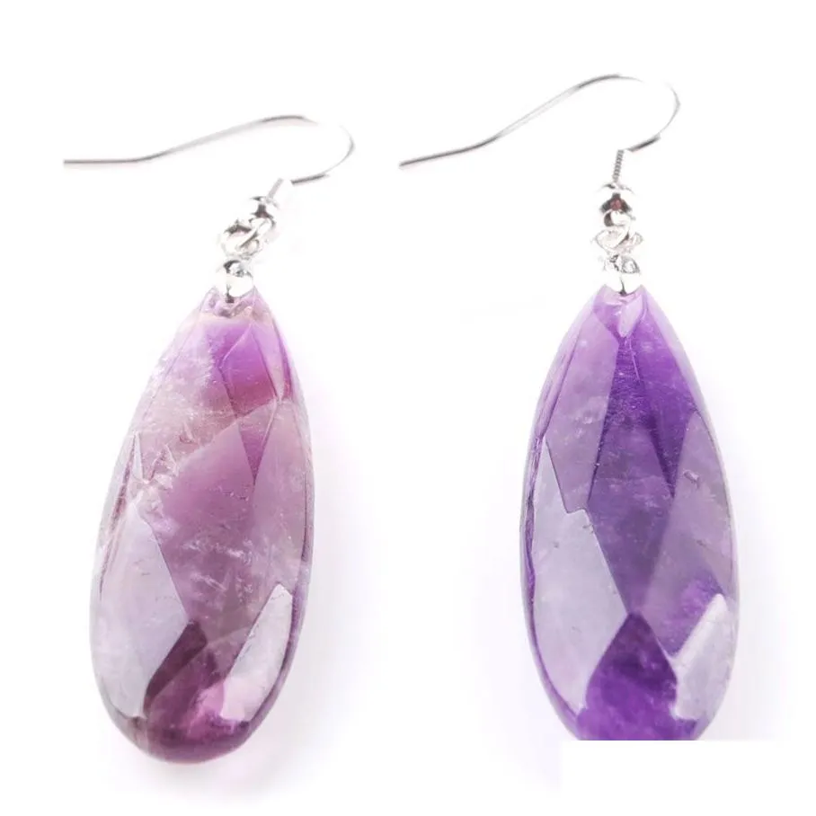 WOJIAER Natural Amethyst Stone Earrings Reiki Gem Stones Beads Dangle Hook Drop Earring Vintage Faceted Polygon for Female Jewelry