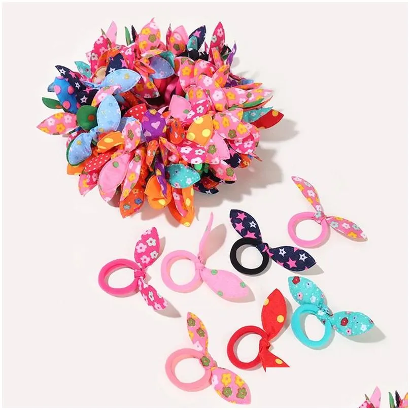 100Pcs/lot Children elastic hair band Cute Polka Bow Rabbit Ears Headband Girl Ring Scrunchie Kids Ponytail Holder Hairs Accessories