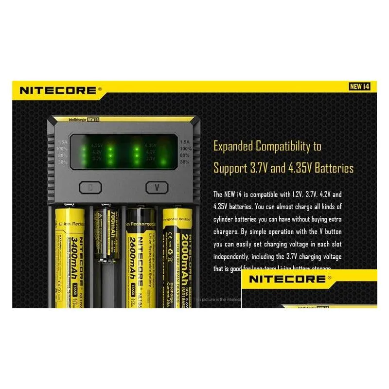 100% authentic nitecore i4 intellicharger universal 1500mah max output e cig chargers for 18650 18350 26650 10440 14500 battery