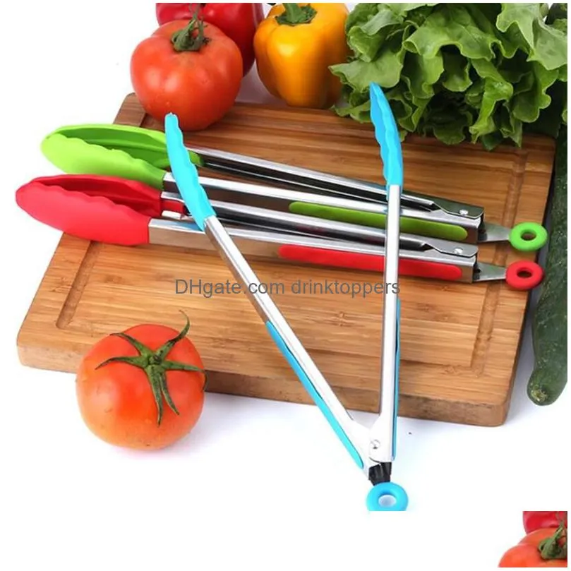 8inch silicone food tong stainless steel kitchen tongs silicone non-slip cooking clip clamp bbq salad tools grill kitchen accessories