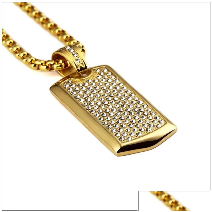 titanium steel hipsters punk hip hop jewelry 24k gold plated rhinestone dog tag pendant long chain necklace for mens women276a