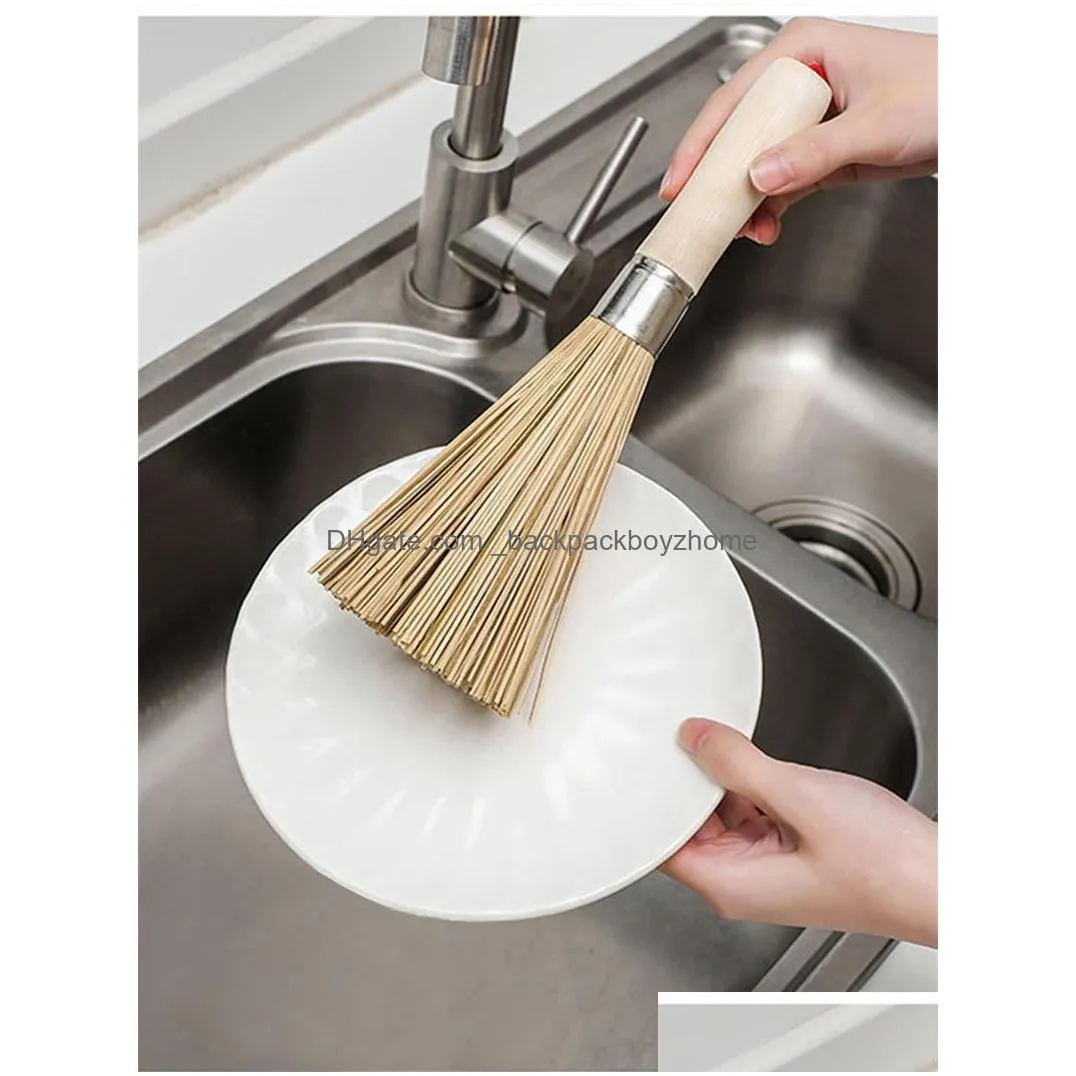 natural bamboo brush wood handle cleaning brushes pot brush hangable kitchen cleaning tool 24cm