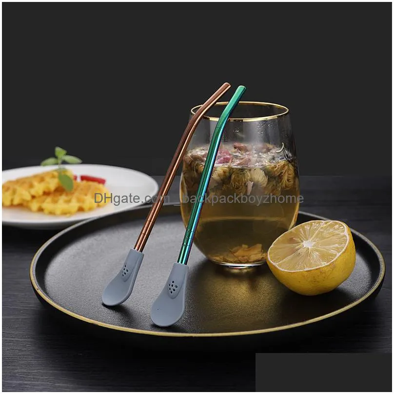 304 stainless steel silicone straw spoons flower tea filter straw spoon creative coffee mixing spoon bar kitchen tool 7 colors