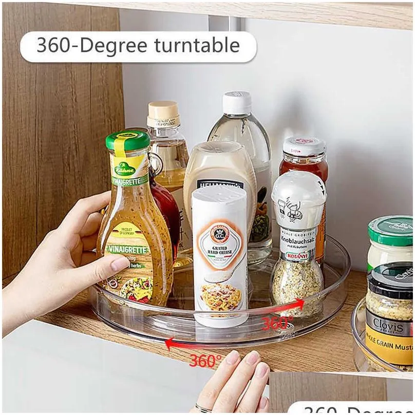 New 360 Rotation Cabinet Turntable Organizer Storage Spice Rack Drink Cosmetic Storage Rack PET Transparent For Kitchen Bathroom