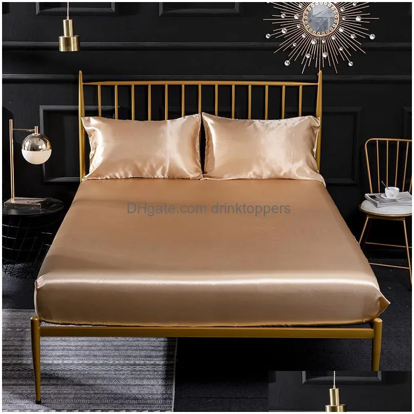 2/3pcs solid silk bedding soft bed fitted sheet set pillowcase twin full queen king 201128