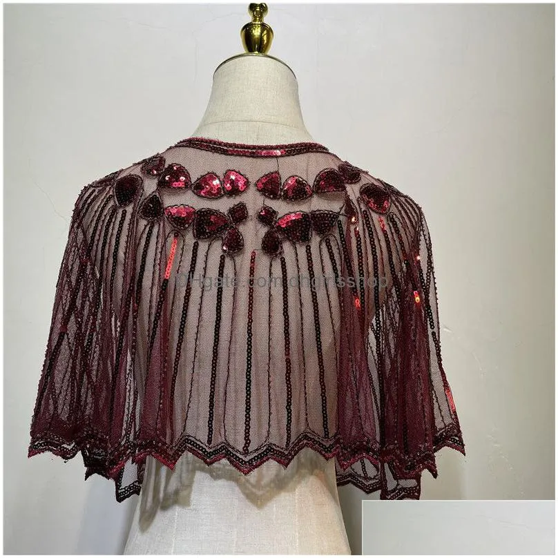 shawls vintage 1920s flapper shawl sequin beaded short cape beaded decoration gatsby party mesh short cover up dress accessory 230301