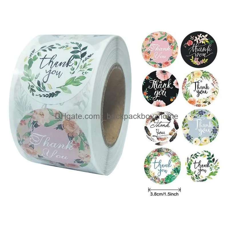 wholesale 500pcs/roll round floral thank you stickers for wedding favors and party handmade adhesive stickers envelope seal stationery