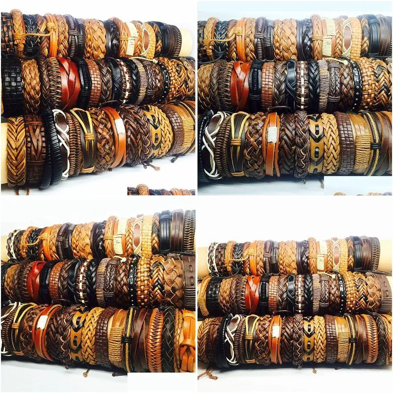 wholesale bulk lots 50pcs/pack mix black brown men`s women`s retro handmade real leather surfer cuff bracelets