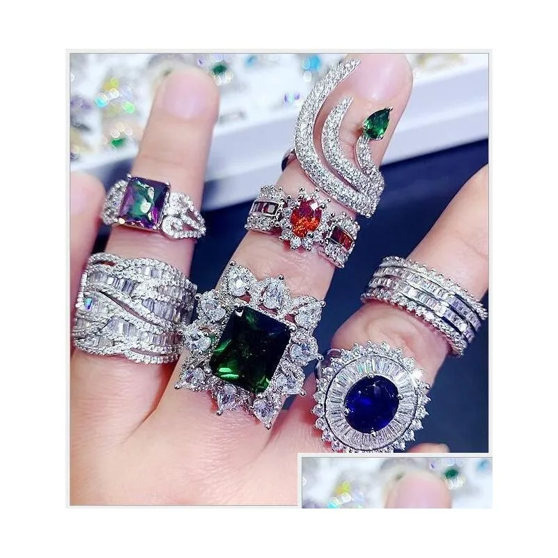 Light Luxury Crystal Zircon Stone Rings Real Gold Plate Colorful Zirconia Finger Heavy Industry Micro Pave S925 Silver Gemstone