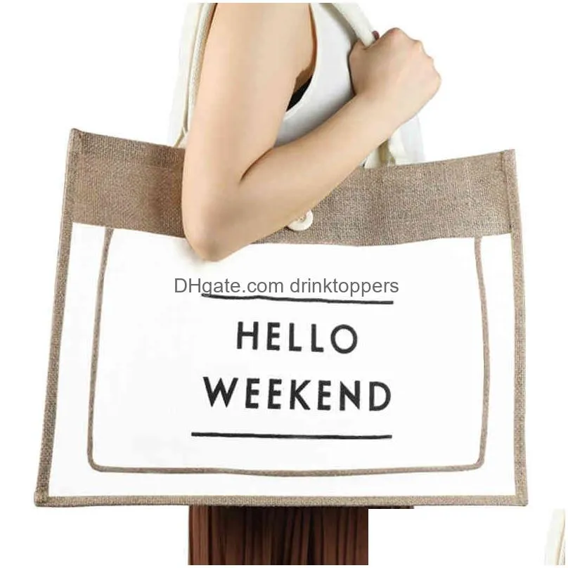 3 color european style female hello weekend jute cotton handbags women big size beach bag for girls printing shoulder bags 210326