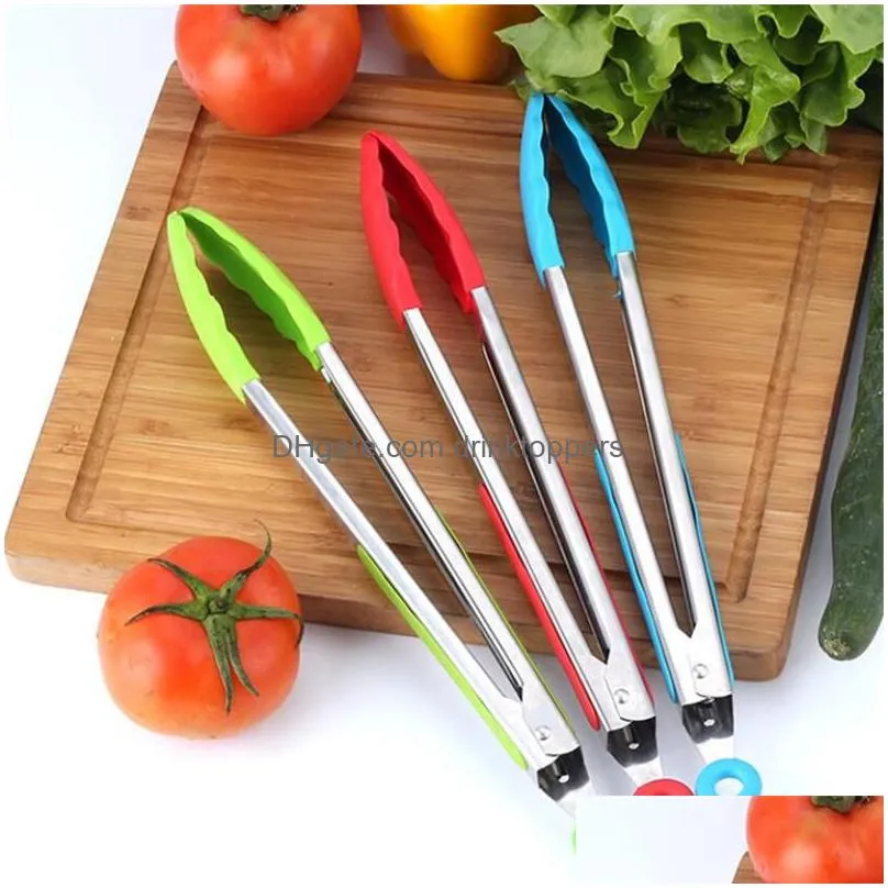 8inch silicone food tong stainless steel kitchen tongs silicone non-slip cooking clip clamp bbq salad tools grill kitchen accessories