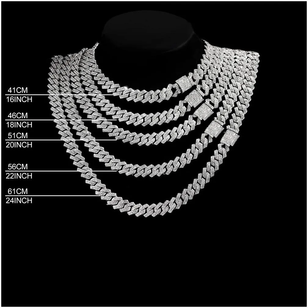 15mm Micro Pave Prong Cuban Chain Necklaces Fashion Hiphop Full Iced Out Rhinestones Jewelry For Men Women