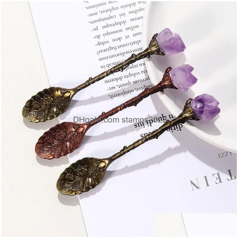 natural crystal spoon amethyst ice cream coffee scoop household tableware diy carved long handle mixing spoon