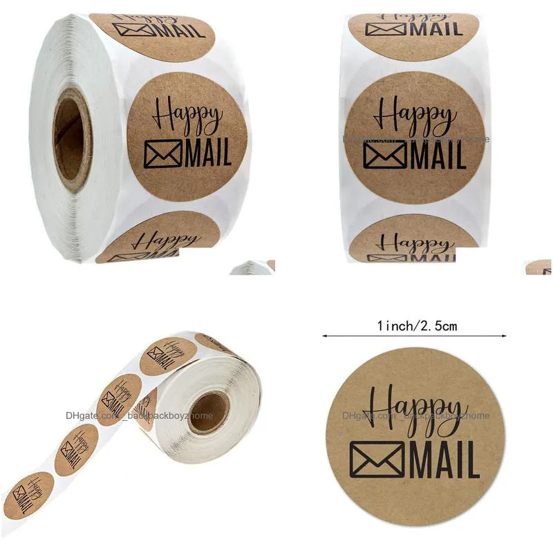 wholesale 500pcs/roll happy mail stickers 1 inch round kraft thank you stickers for small business shipping envelope packaging labels