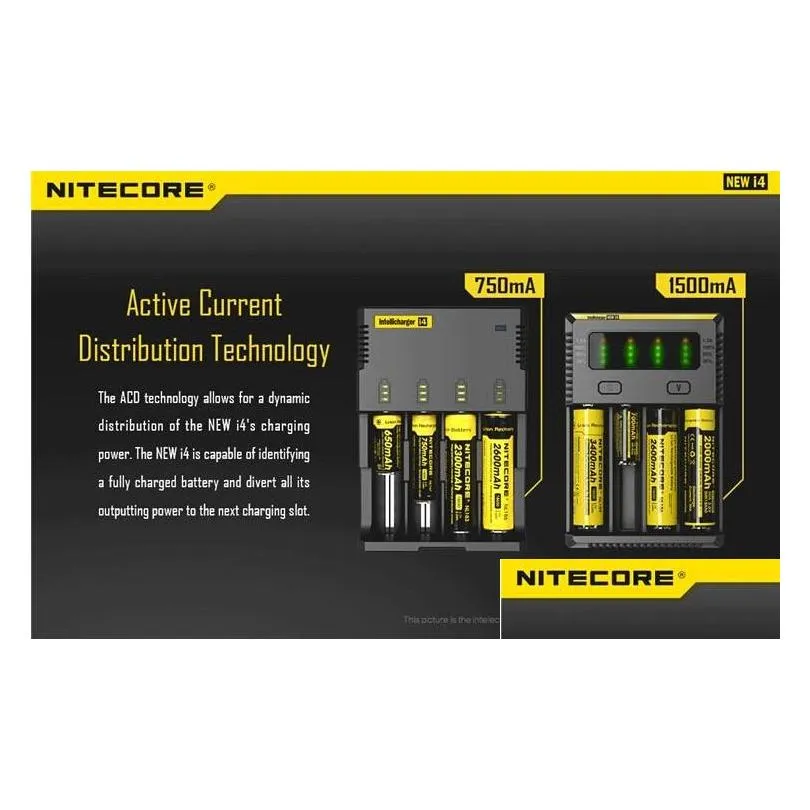 100% authentic nitecore i4 intellicharger universal 1500mah max output e cig chargers for 18650 18350 26650 10440 14500 battery