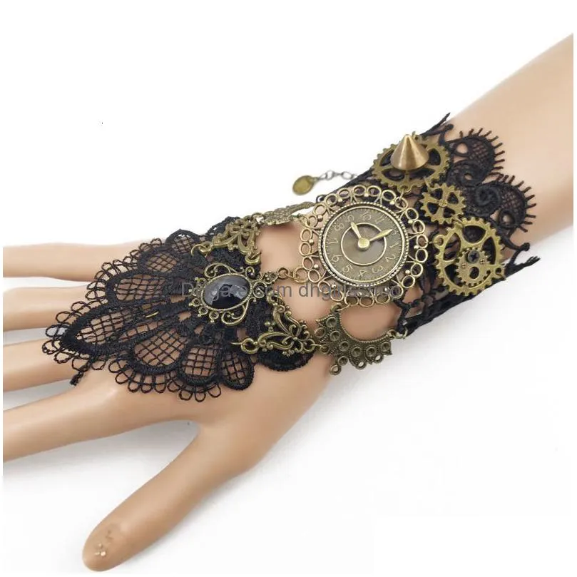 chain model gothic steampunk lace cuff fingerless glove arm warmer bracelet black halloween accessories 230615