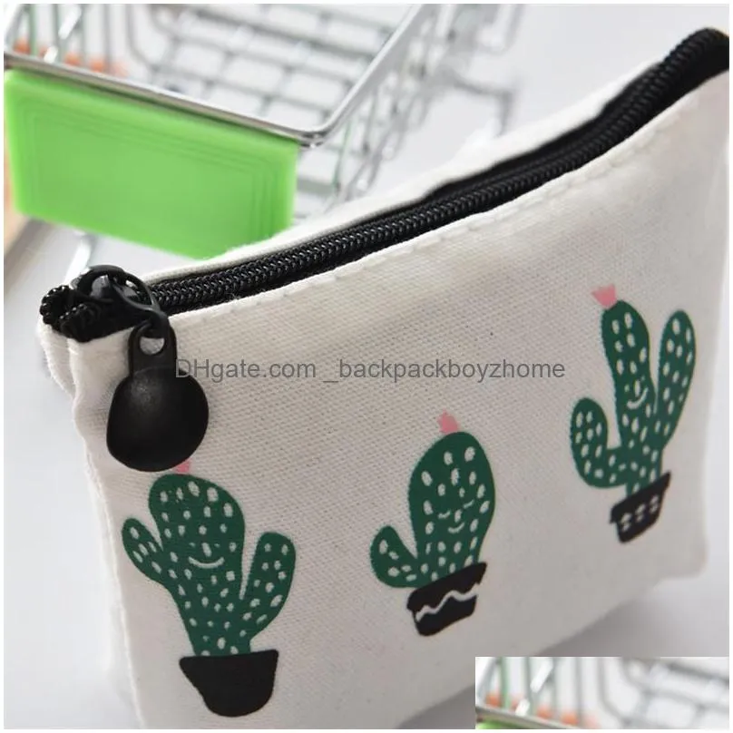 cartoon canvas cactus zipper coin purse student card key storage bag mini sanitary napkins organizer cosmetic bag wallet