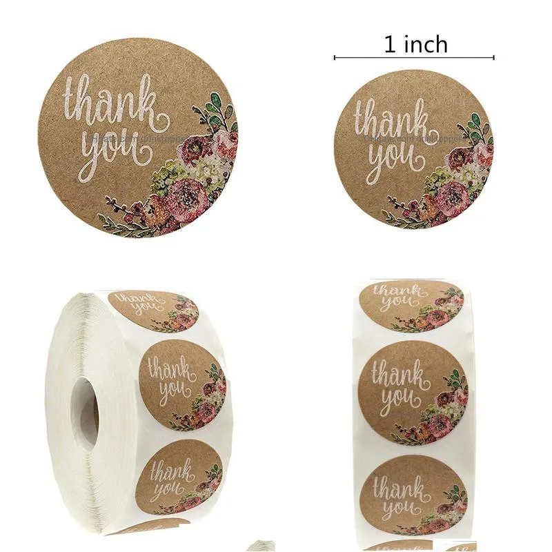 wholesale 500pcs/roll thank you stickers for seal labes 1inch handmade sticker brown kraft floral scrapbooking cute stationery sticker