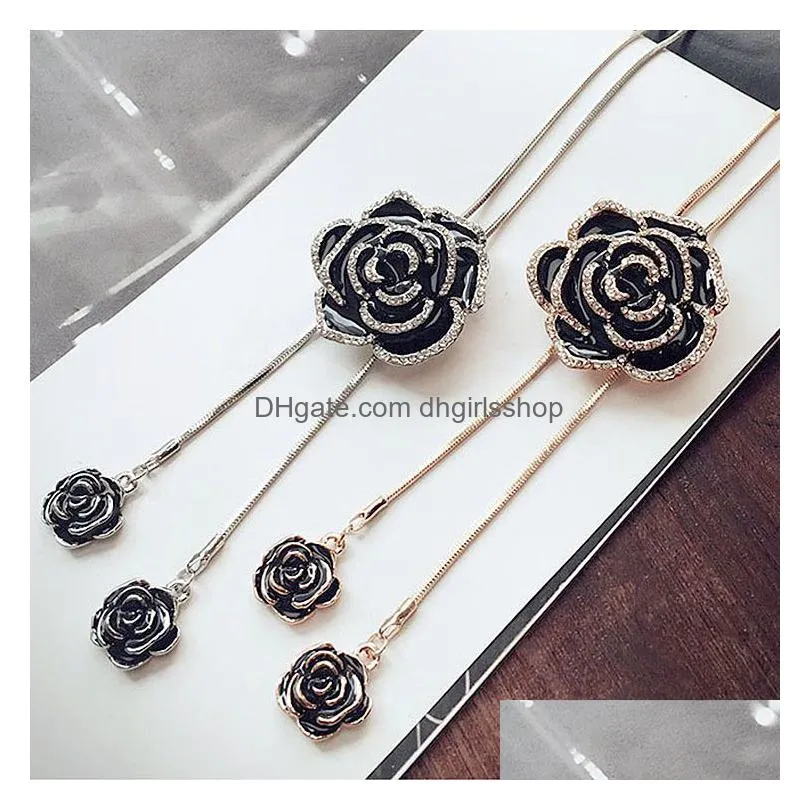zircon black rose flower long necklace sweater chain fashion metal chain crystal flower pendant necklaces adjusted jewelry