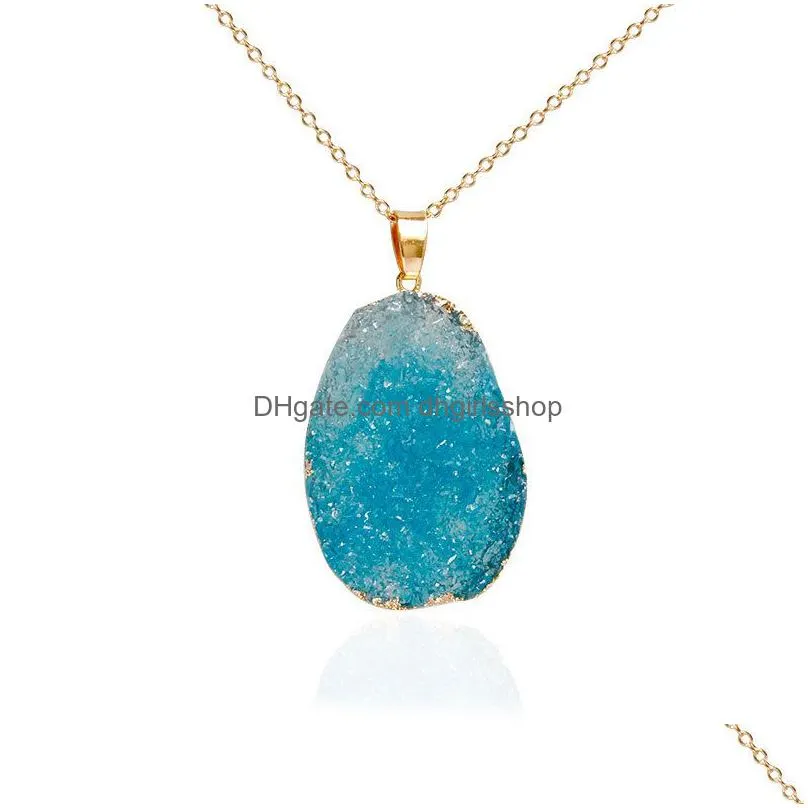 fashion shiny druzy necklaces irregular natural crystal quartz stone pendant gold chains for women luxury jewelry gift in bulk