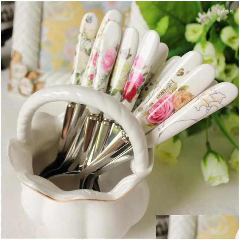 dinnerware sets 5pcs european ceramic stainless steel spoon teaspoon luxury gift with lace basket for cafe shop home
