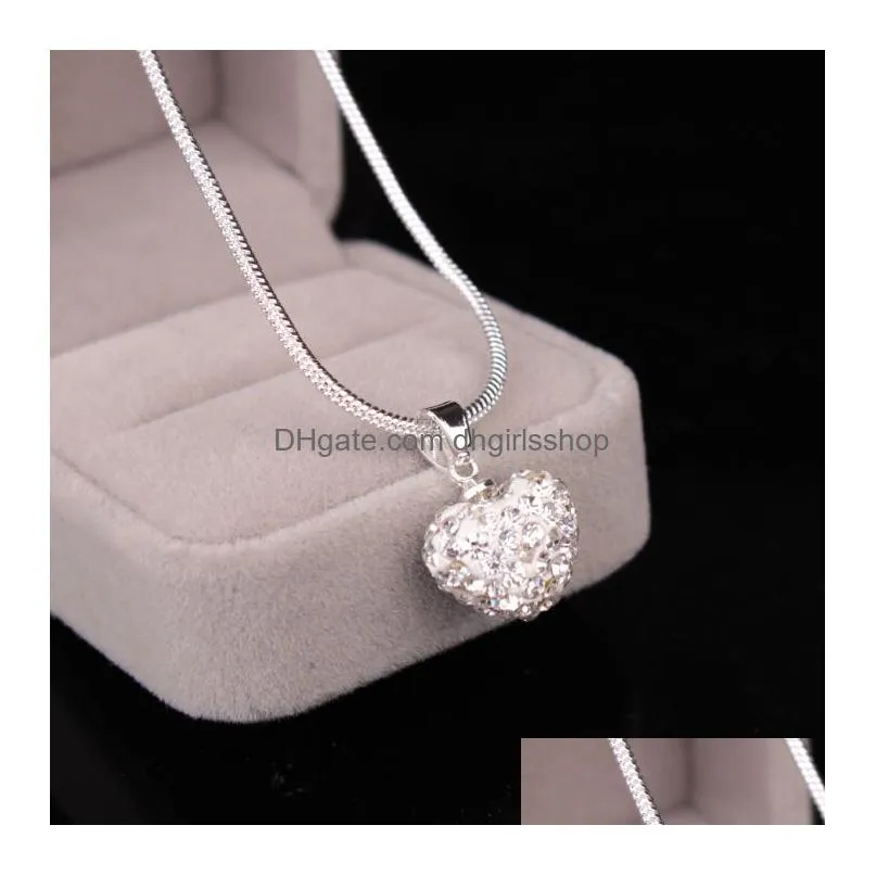 korean crystal heart shape pendant necklace silver plated snake chains rhinestone disco bead charm for women fashion jewelry