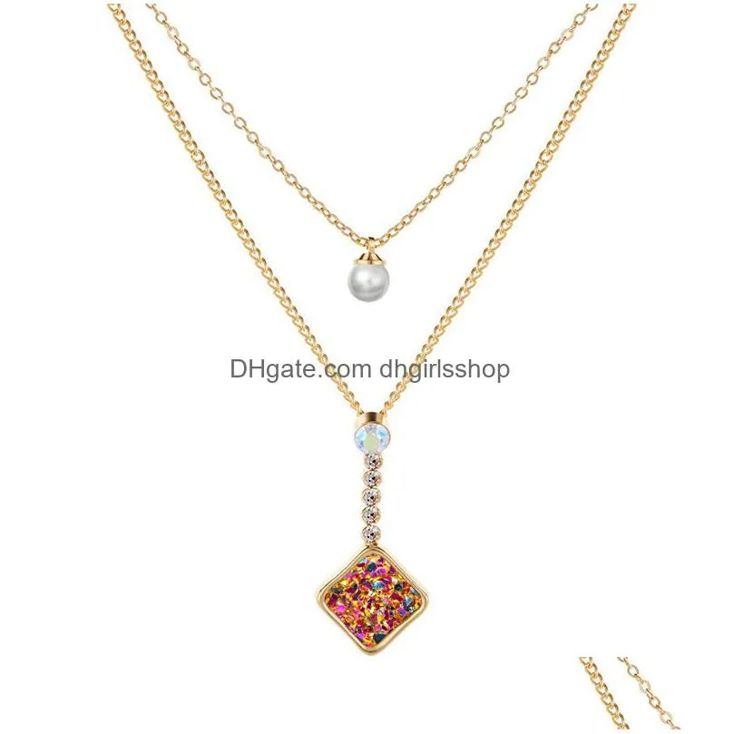 2019 fashion shiny druzy pendant layered necklaces square natural stone faux pearl charm gold chains choker for women jewelry gift