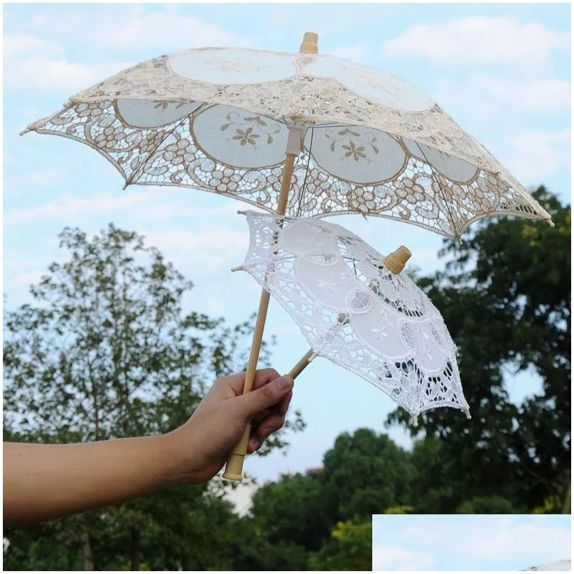 Parasols Wedding Lace Umbrella Cotton Embroidery Bridal White Beige Parasol Sun For Decoration Photography