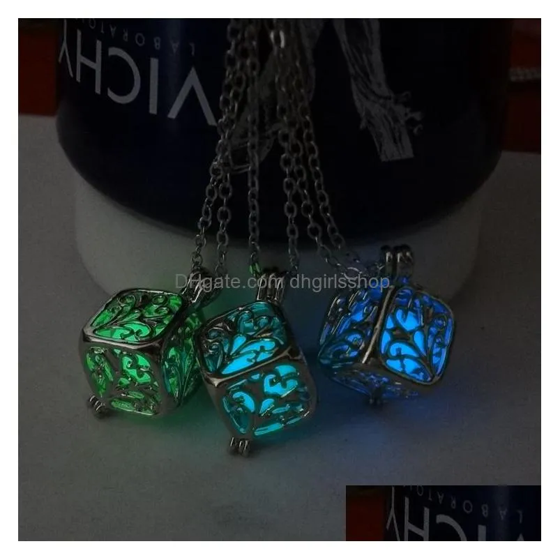 new fashion women luminous hollow out locket pendant glow in the dark necklace square box necklace engagement gifts top quality