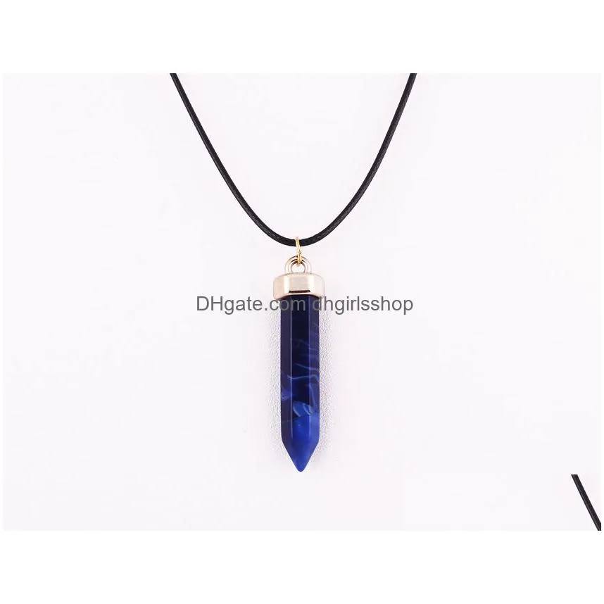 fashion bullet shape natural stone pendant necklaces hexagonal prism quartz turquoise crystal gems jewelry for women men gold/silver