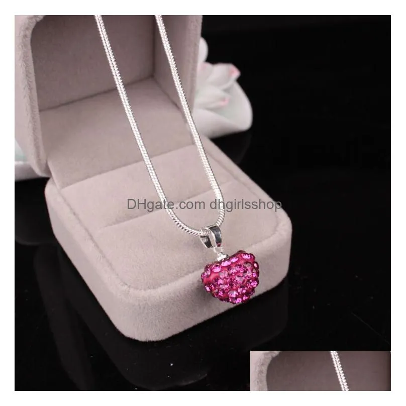 korean crystal heart shape pendant necklace silver plated snake chains rhinestone disco bead charm for women fashion jewelry