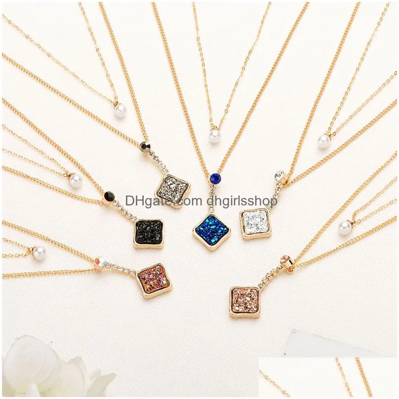 2019 fashion shiny druzy pendant layered necklaces square natural stone faux pearl charm gold chains choker for women jewelry gift