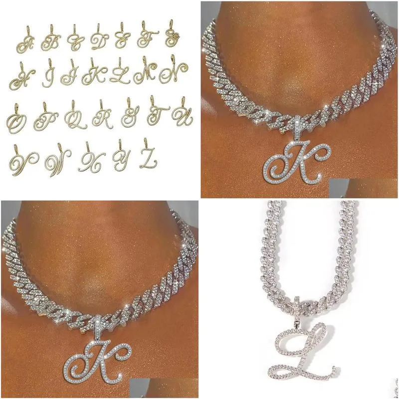 chains a-z cursive letter pendant iced out cuban necklace for women initial zircon link chain choker rock hip hop jewelrychains