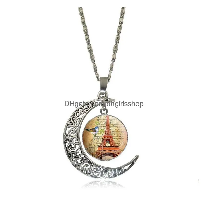 new fashion hollow carved gemstone necklace moon gemstone eiffel tower pendant necklaces for man&women mix models jewelry